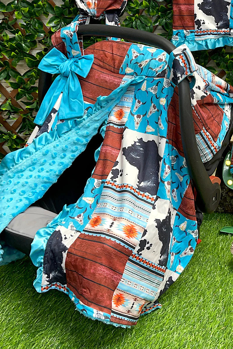 Car Seat Cover - Turquoise Cow & Aztec