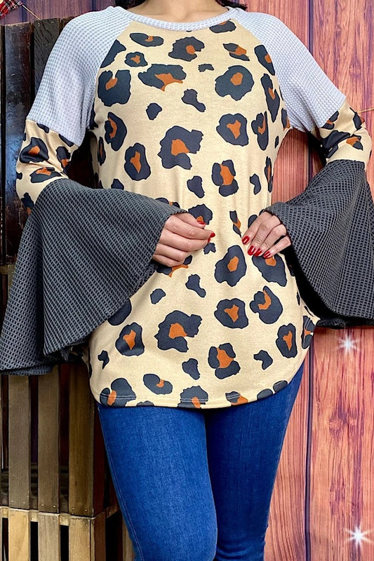 Cheetah Waffle Bell Sleeve Top