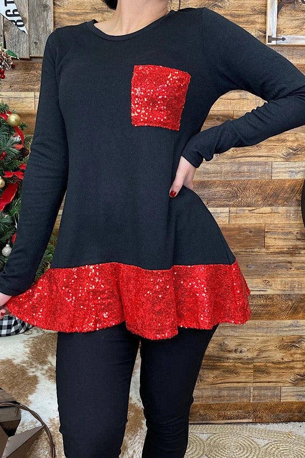 Black long sleeve with red sequence ruffle bottom