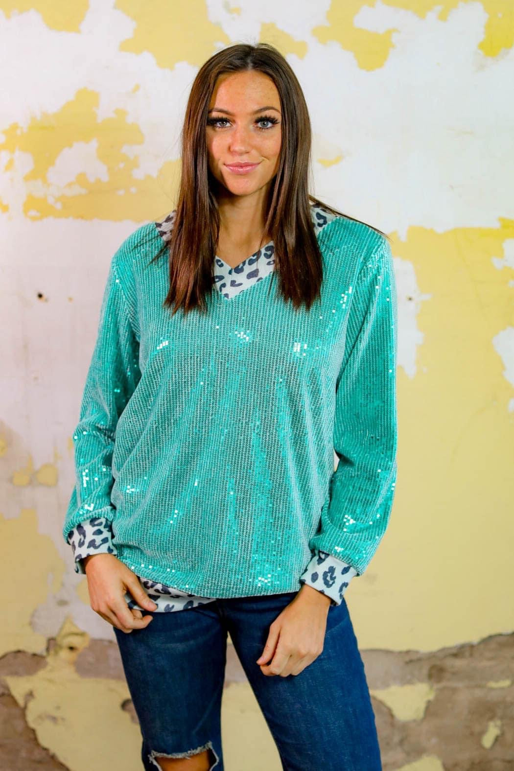 Turquoise/ Cheetah Sweater