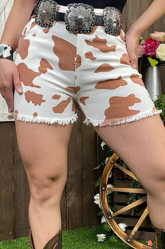 Brown Cow Print Denim Shorts