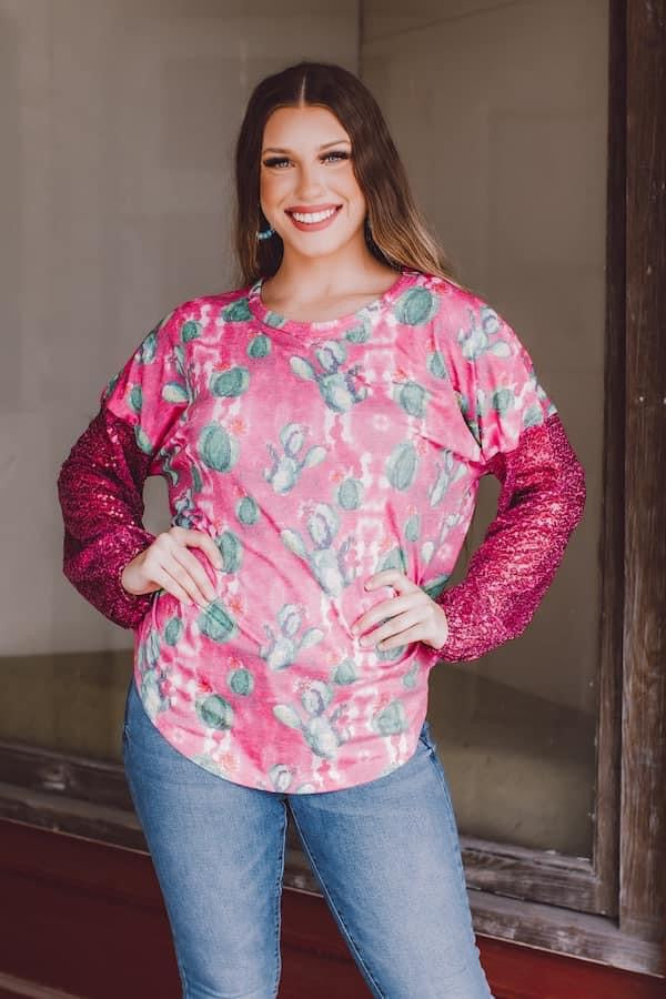 Pink Cactus Bubble Sleeve Top