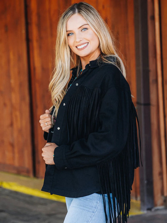 Black Fringe Button Up
