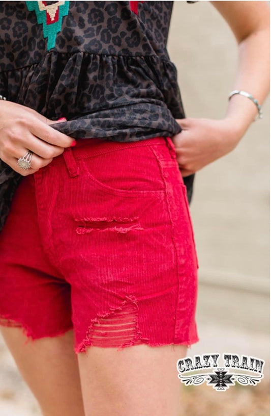 Crazy Train Red Distressed Shorts